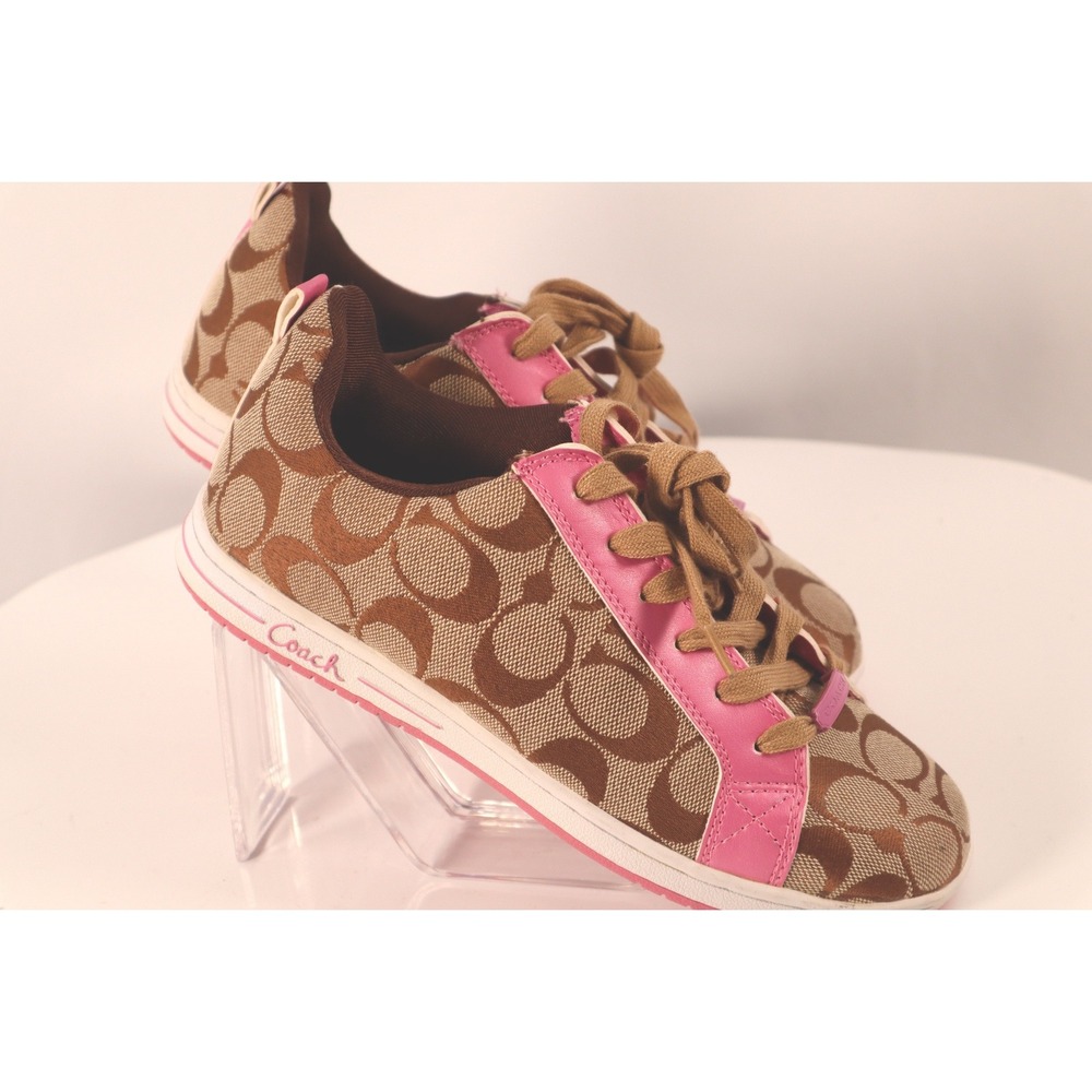Coach Signature Monogram Canvas Low Sneakers Brown Pink Leather Trim-Size 8.5 - Picture 2 of 9